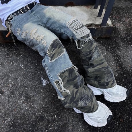 SUBLIMATION/ Camo damaged wide denim