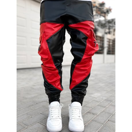 GUAPI/ Obsidian BLACK RED Leather Cargo pants V2