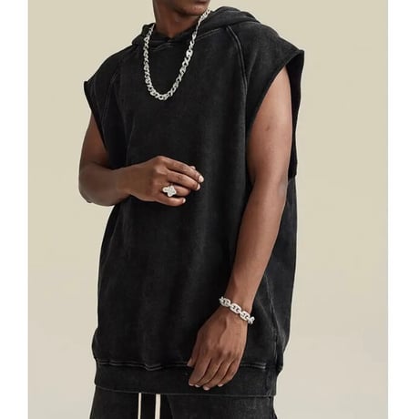 Mismatch NYC/Washed Cut OFF Hoodie  "BLACK"