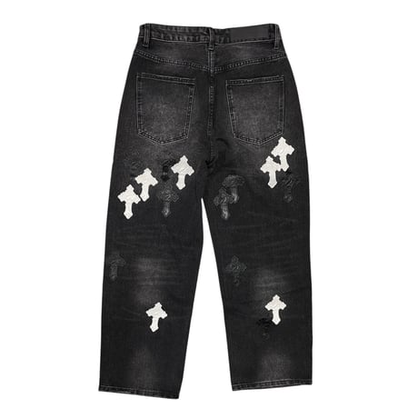 Mismatch NYC/ Leather Cross Patch Wide Denim (Wash Black)