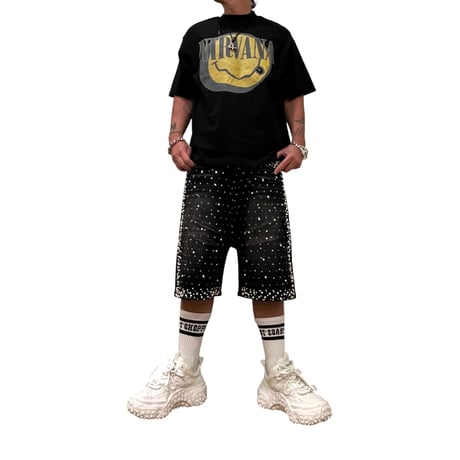 Mismatch NYC/BLACK Rhinestone Denim  Shorts