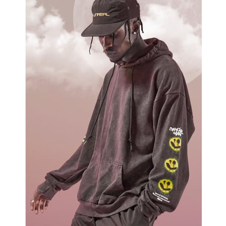 BOOHOO /Sleeve smile Hoodie Washed BLACK