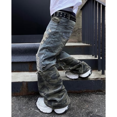 SUBLIMATION/ Camo damaged wide denim