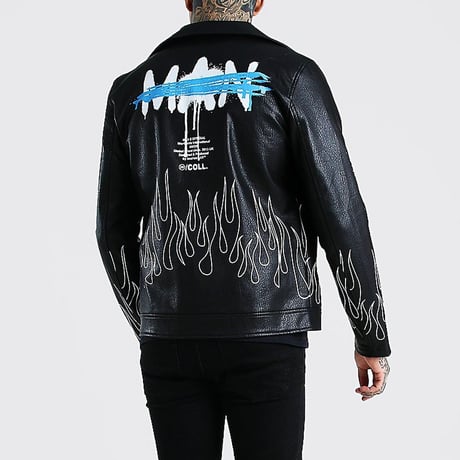 BOOHOO /Paint Art FLAME Biker Jacket