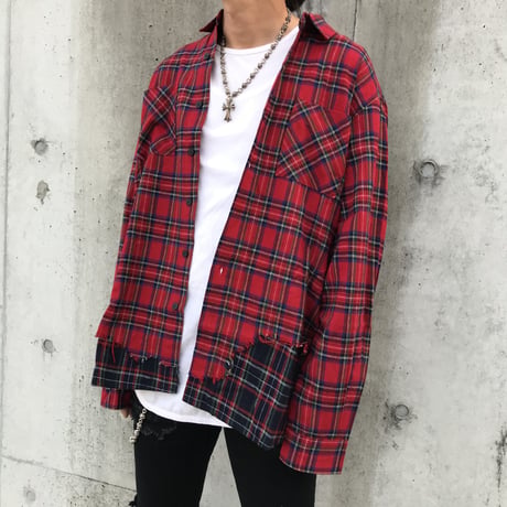 BLACK BLOND/Layered check shirts RED