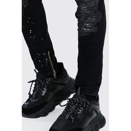 BOOHOO /BANDANA damege  denim pants "BLACK"