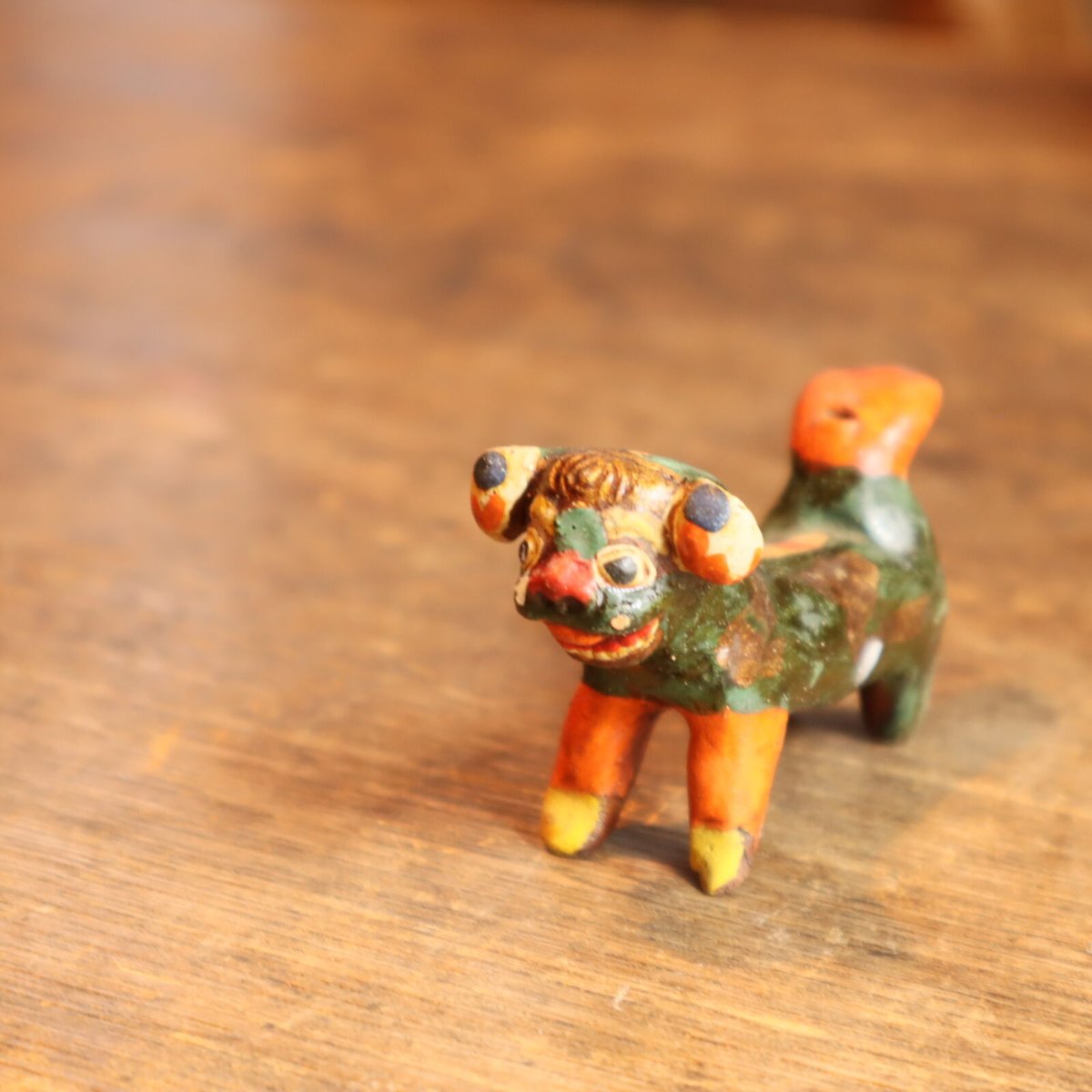 古い 土人形 獅子と狛犬 青系 郷土人形 民芸 古道具 アンティーク