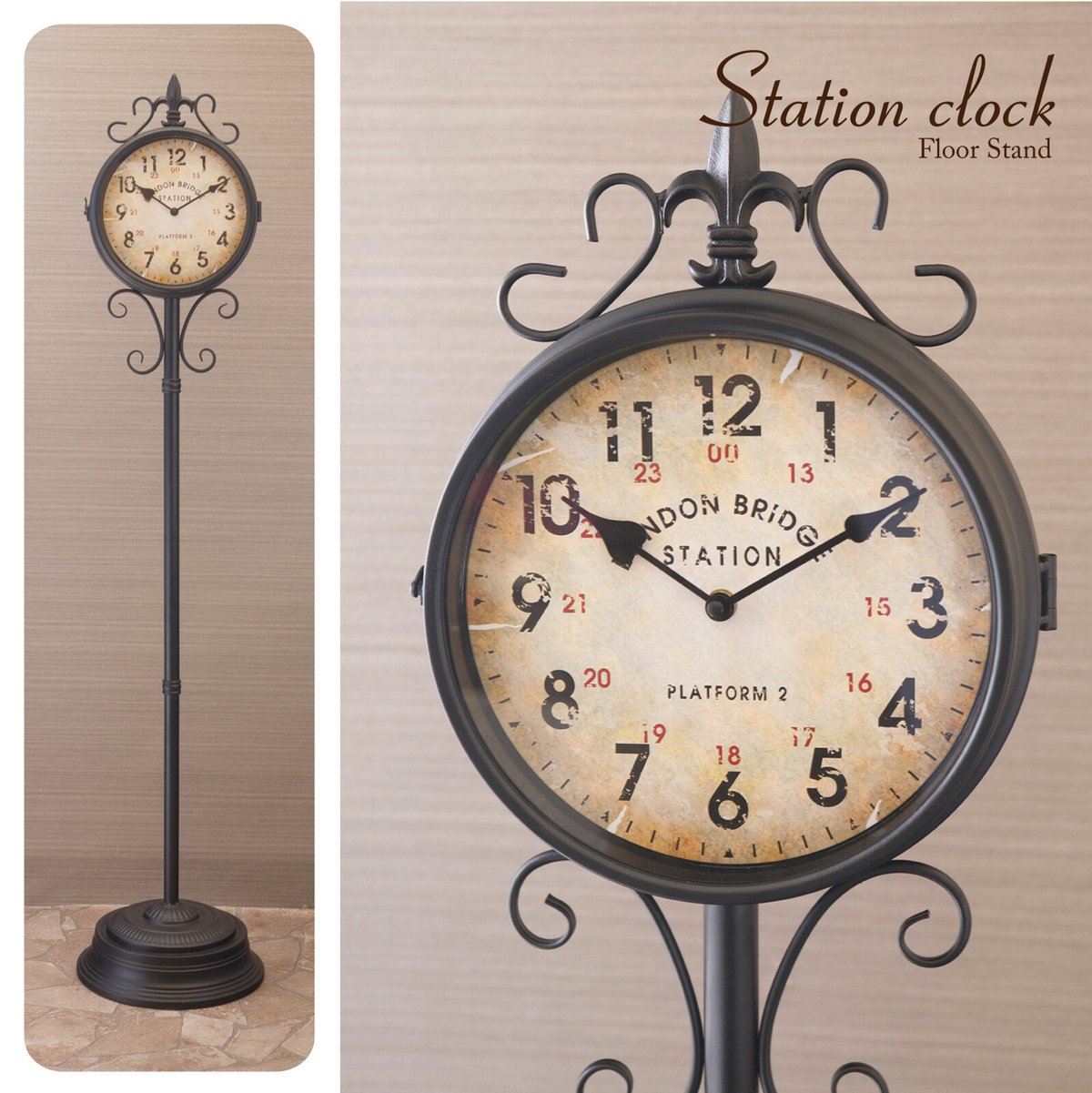 両面時計 ステーションクロック フロアスタンド/ブラック 150cm 駅時計 両面時計】ステーションクロック［フロアスタンド］Matt Black