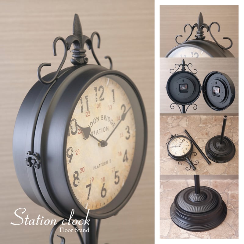 両面時計】ステーションクロック［フロアスタンド］Matt Black