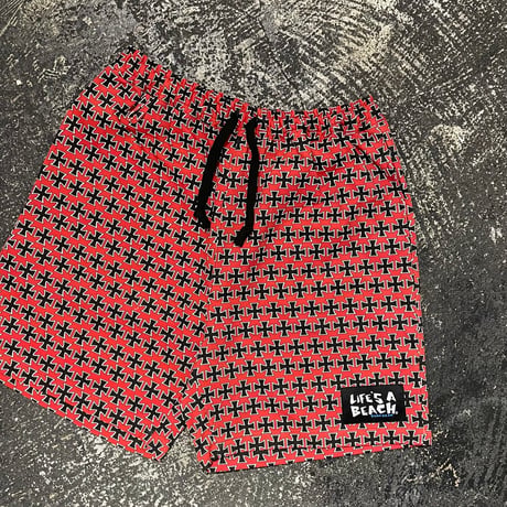 【 LIFE’S A BEACH 】“CROSS” SHORTS ( RED × BLACK )