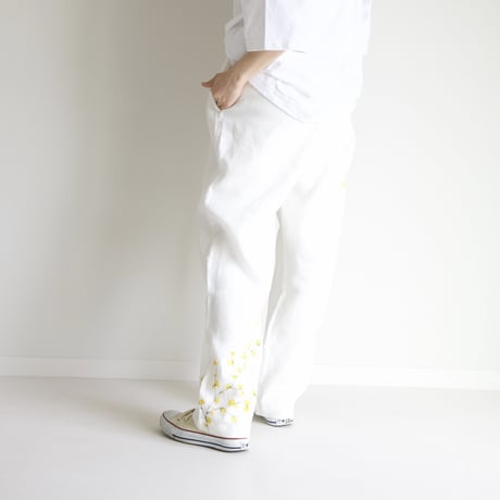 手描き】蝋梅（ロウバイ）・リネンテーパードパンツ・ウエスト調節可能