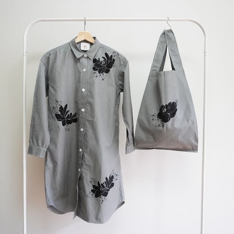 ロングシャツ　ギンガムチェック黒　＜黒牡丹＞