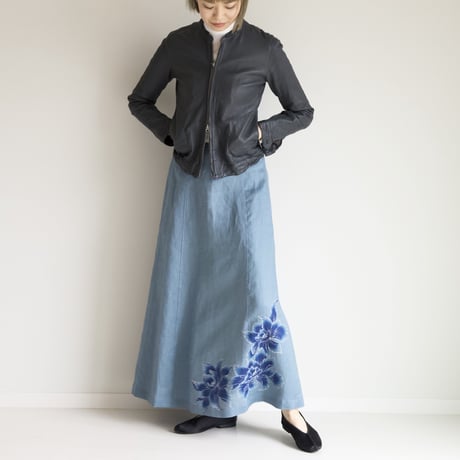 後ろギャザースカート　手描き牡丹