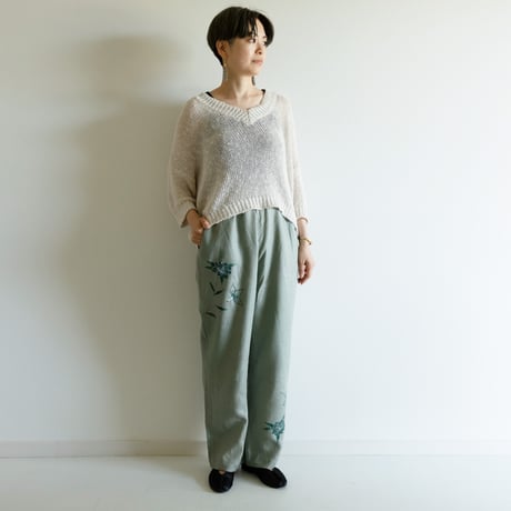 リネンテーパードパンツ　更紗・牡丹