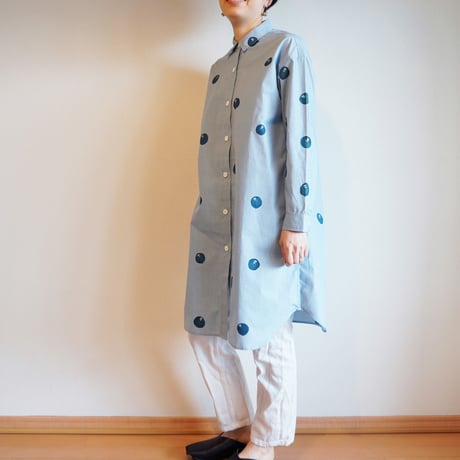 ロングシャツ　ギンガムチェック・水色・ドット椿