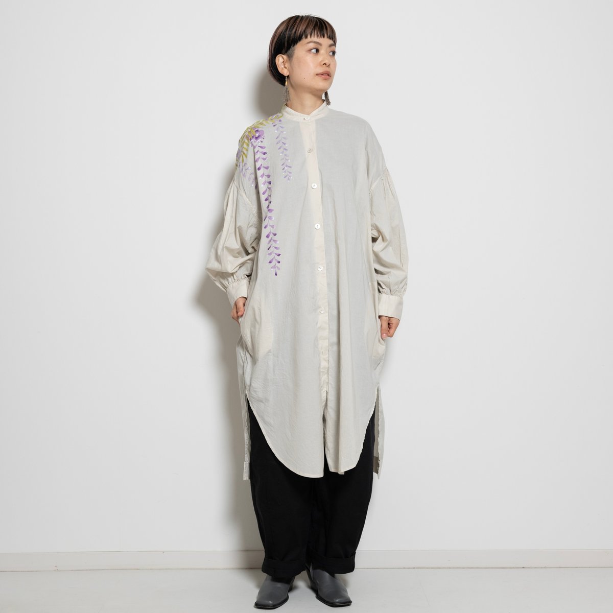 たまやきこ様ブルゾン、オーバーブラウスおまとめ 手描き藤柄ソフトワッシャー・ロングブラウス | akkaの手描き服