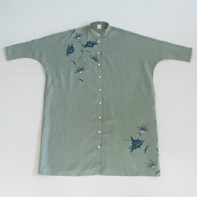 スタンドカラーシャツドレス 更紗・牡丹 | akkaの手描き服