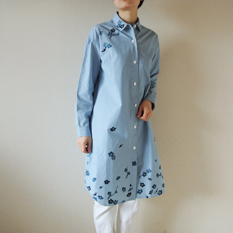 シャツワンピース ギンガムチェック水色 ＜梅＞ | akkaの手描き服