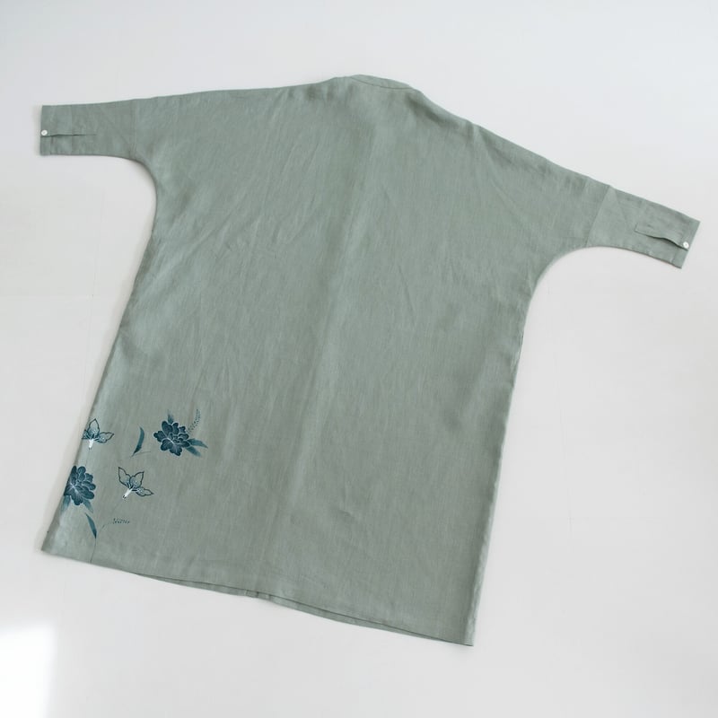 スタンドカラーシャツドレス 更紗・牡丹 | akkaの手描き服