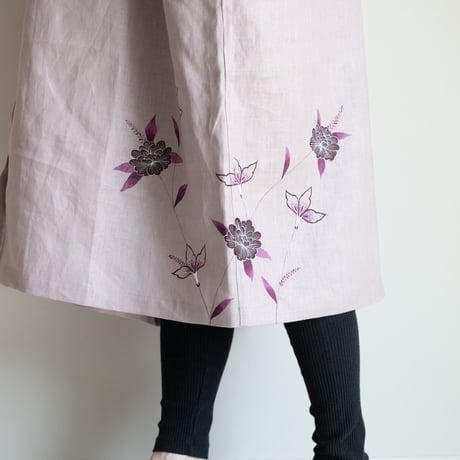 スタンドカラーシャツドレス/くすみピンク　手描き・更紗牡丹