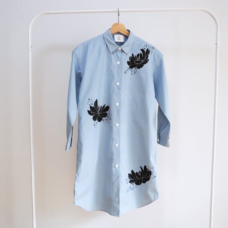 ロングシャツ　ギンガムチェック水色　＜黒牡丹＞