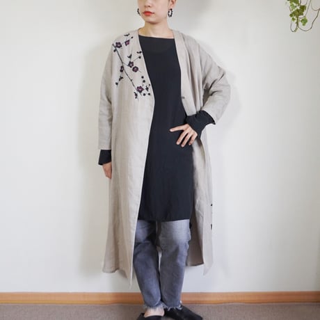 リネン・羽織り　ベージュ　＜墨梅＞
