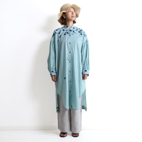 手描きソフトワッシャー・ロングブラウス＜紫陽花＞