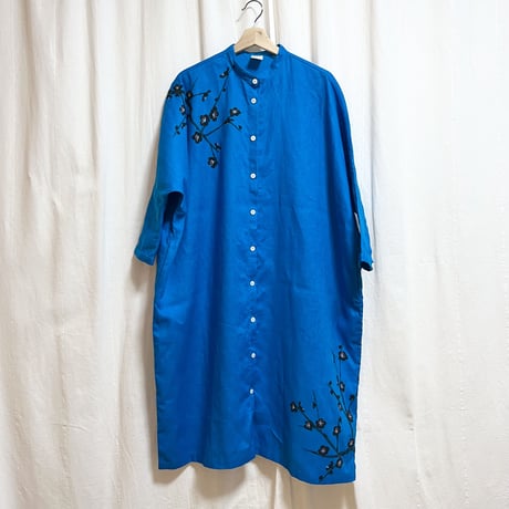 スタンドカラーシャツドレス/くすみピンク　手描き・更紗牡丹  のコピー