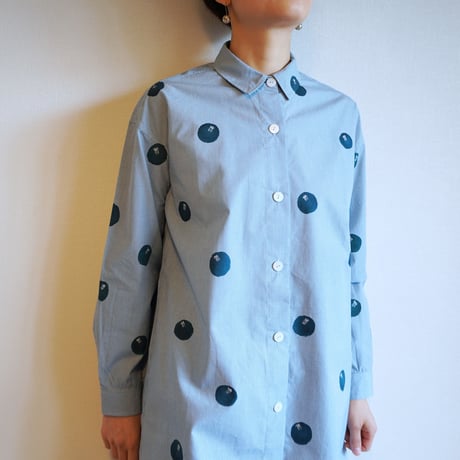 ロングシャツ　ギンガムチェック・水色・ドット椿