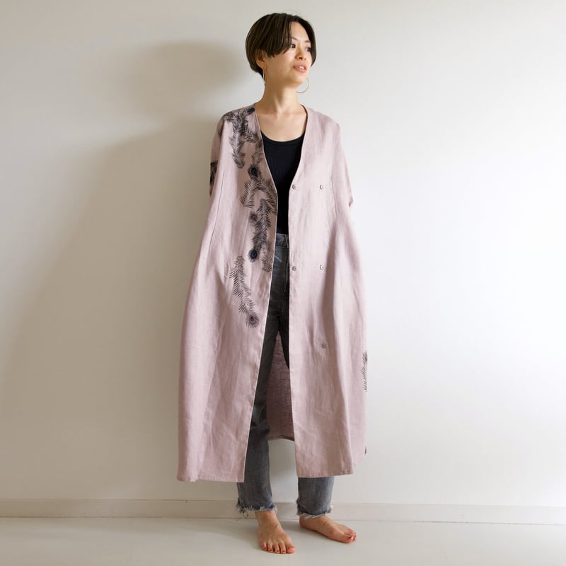 リネン・羽織り くすみピンク ＜孔雀の羽＞ | akkaの手描き服