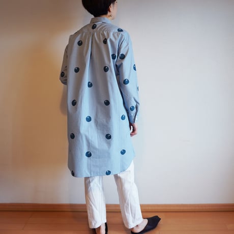 ロングシャツ　ギンガムチェック・水色・ドット椿
