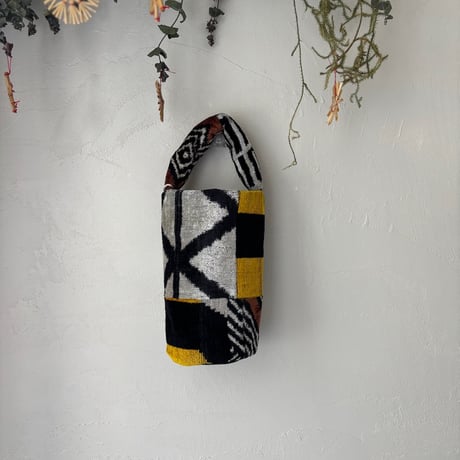 Silk velvet ikat patchwork bag (black/brown base)
