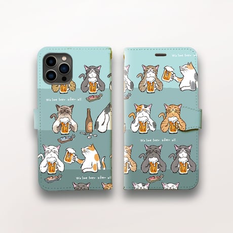 スマホケース　猫たちがビールで乾杯（ブルーグレー）
