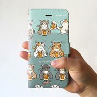 スマホケース　猫たちがビールで乾杯（ブルーグレー）
