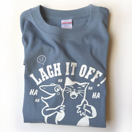 笑い飛ばせ！猫とカエルの笑顔Tシャツ（ヘイジーブルー）男女兼用