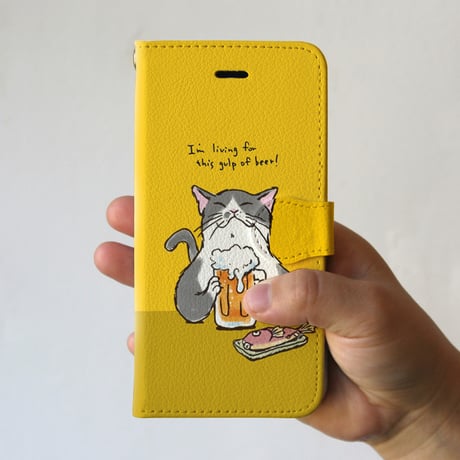 スマホケース　猫がビール（イエロー）
