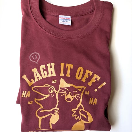 笑い飛ばせ！猫とカエルの笑顔Tシャツ（ボルドー）男女兼用