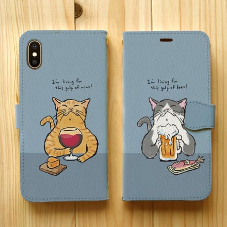 スマホケース　猫がビール（ブルーグレー）