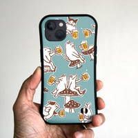 グリップiPhoneケース　猫とカエルが乾杯（ブルーグレー）
