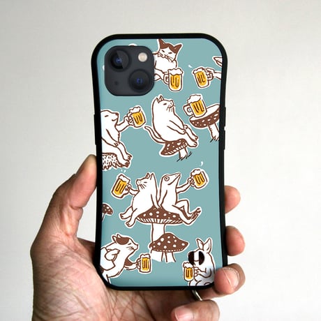 グリップiPhoneケース　猫とカエルが乾杯（ブルーグレー）