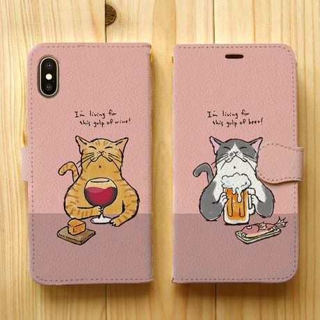 スマホケース　猫がビール（ベビーピンク）