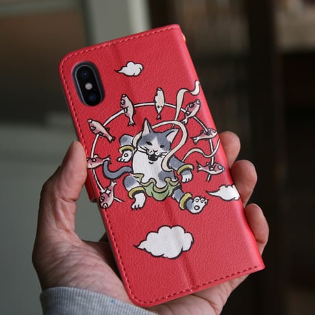 スマホケース　風神雷神（レッド）