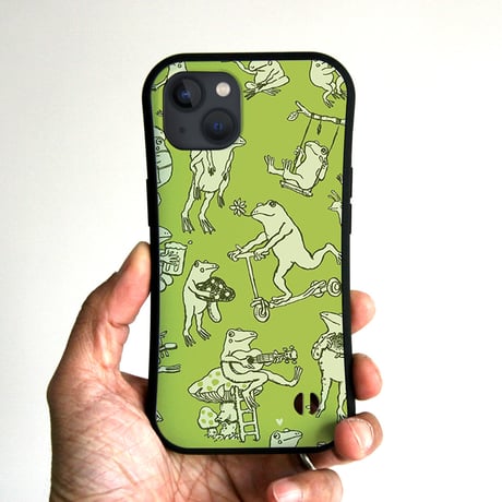 グリップiPhoneケース　カエルだらけ（シックグリーン）