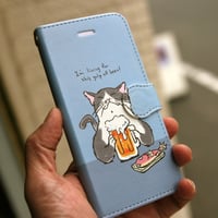 スマホケース　猫がビール（ブルーグレー）
