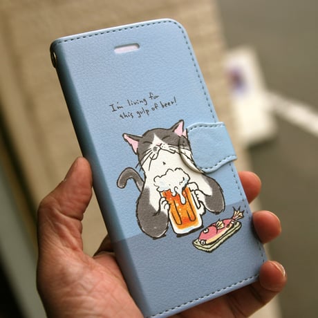 スマホケース　猫がビール（ブルーグレー）
