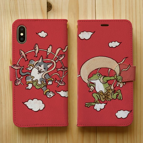 スマホケース　風神雷神（レッド）