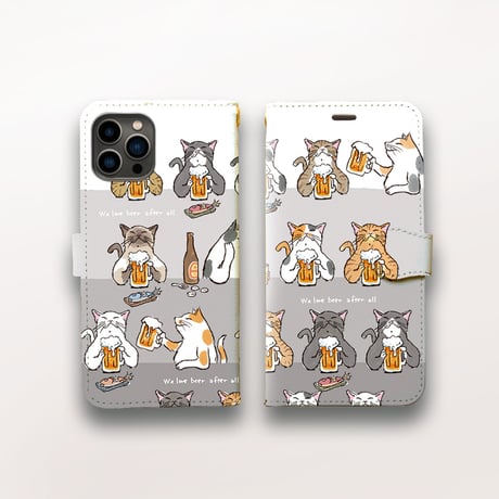 スマホケース　猫たちがビールで乾杯（ホワイト）