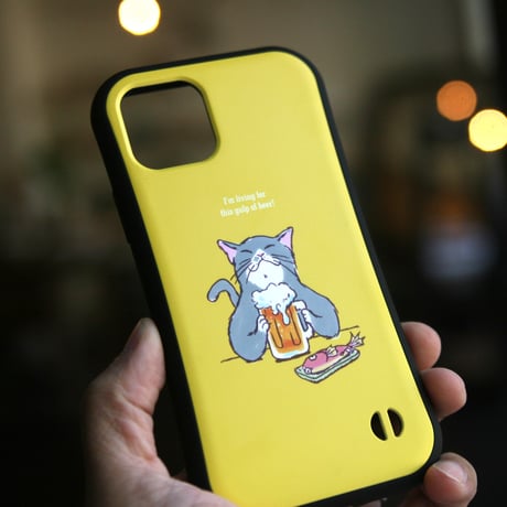 グリップiPhoneケース　猫がビール（イエロー）