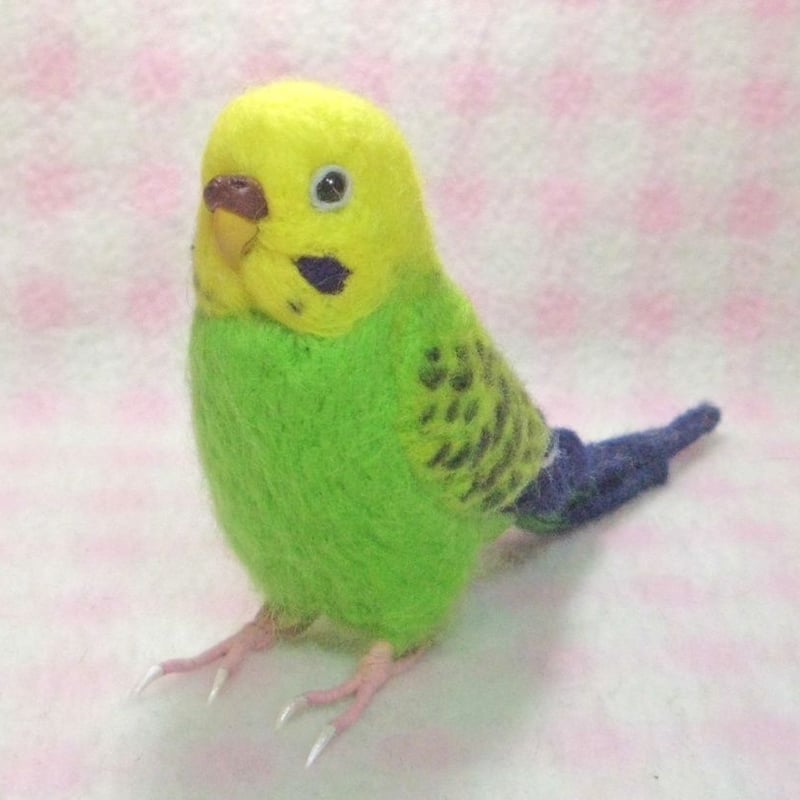 モフモフ　羊毛フェルト　セキセイインコ　緑　鳥　リボン無料サービス品 受注作成品】セキセイインコ グリーンオパ－リン 羊毛フィギュア