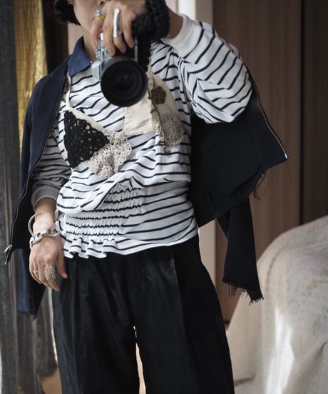 revive rugger shirring shirt -white×navy-